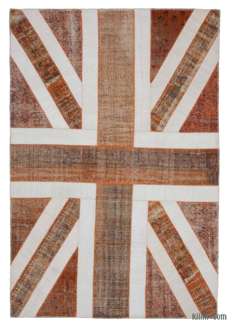 Turuncu İngiltere Bayraklı Patchwork Halı - 203 cm x 301 cm - K0038444