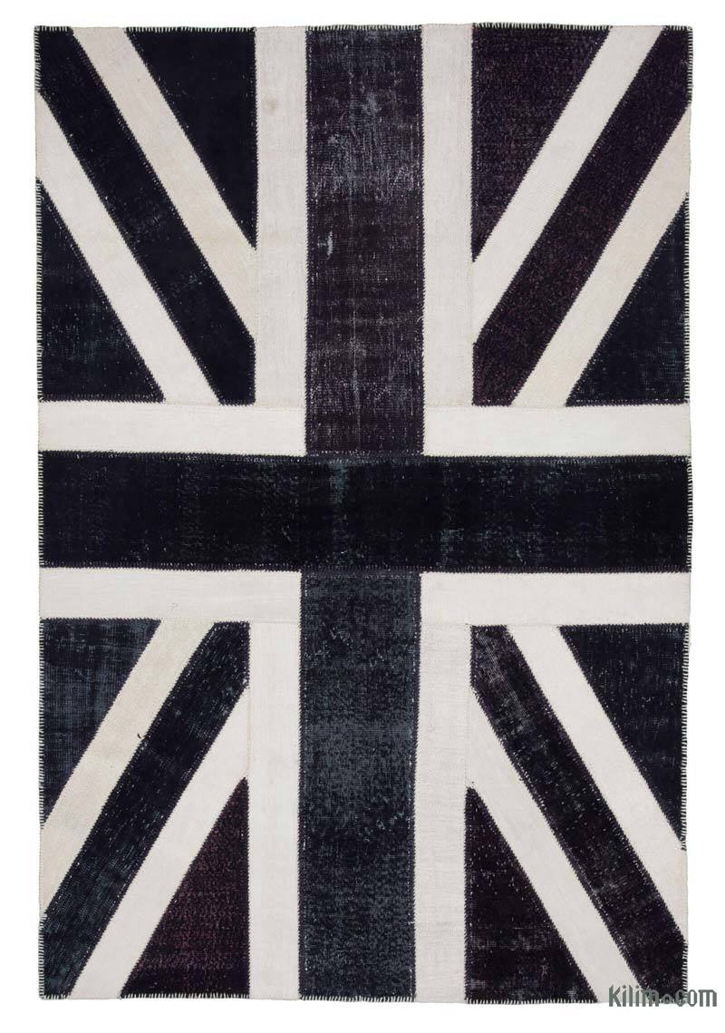 Siyah İngiltere Bayraklı Patchwork Halı - 202 cm x 305 cm - K0038510