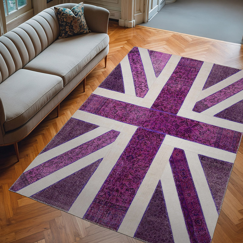 Mor İngiltere Bayraklı Patchwork Halı - 201 cm x 302 cm - K0038514