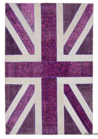 紫色拼布手工打结的土耳其地毯-6'7“ x 9'11”（79英寸x 119英寸）