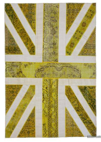黄色拼布手工打结土耳其地毯- 6英尺8英寸x9英尺11英寸(80英寸)。x 119。)