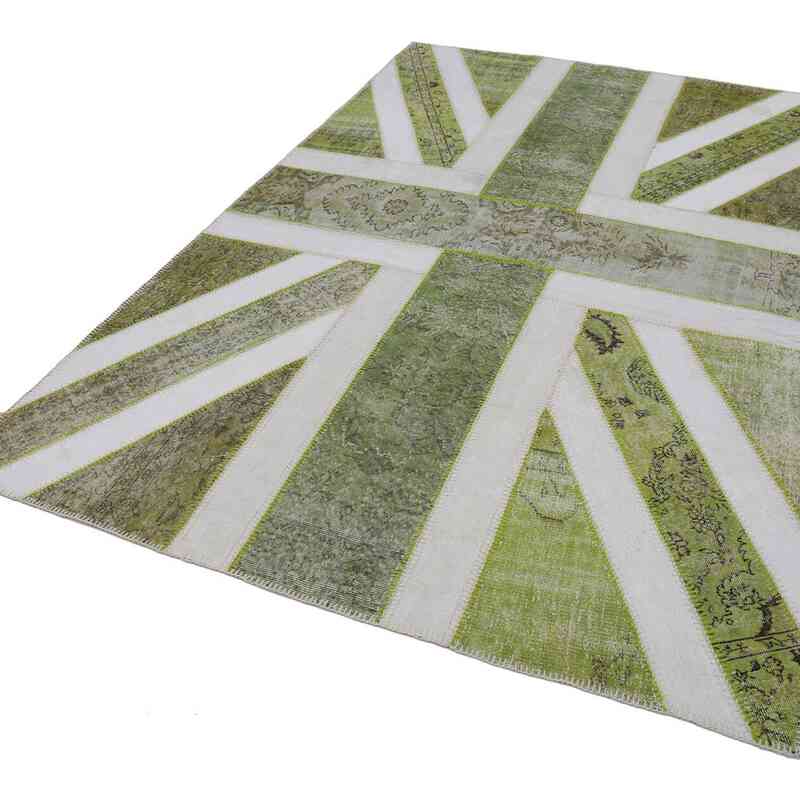 Green Patchwork Hand-Knotted Turkish Rug - 6' 7" x 9' 10" (79 in. x 118 in.) - K0038516