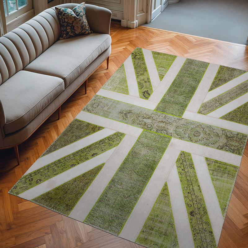 Green Patchwork Hand-Knotted Turkish Rug - 6' 7" x 9' 10" (79" x 118") - K0038516