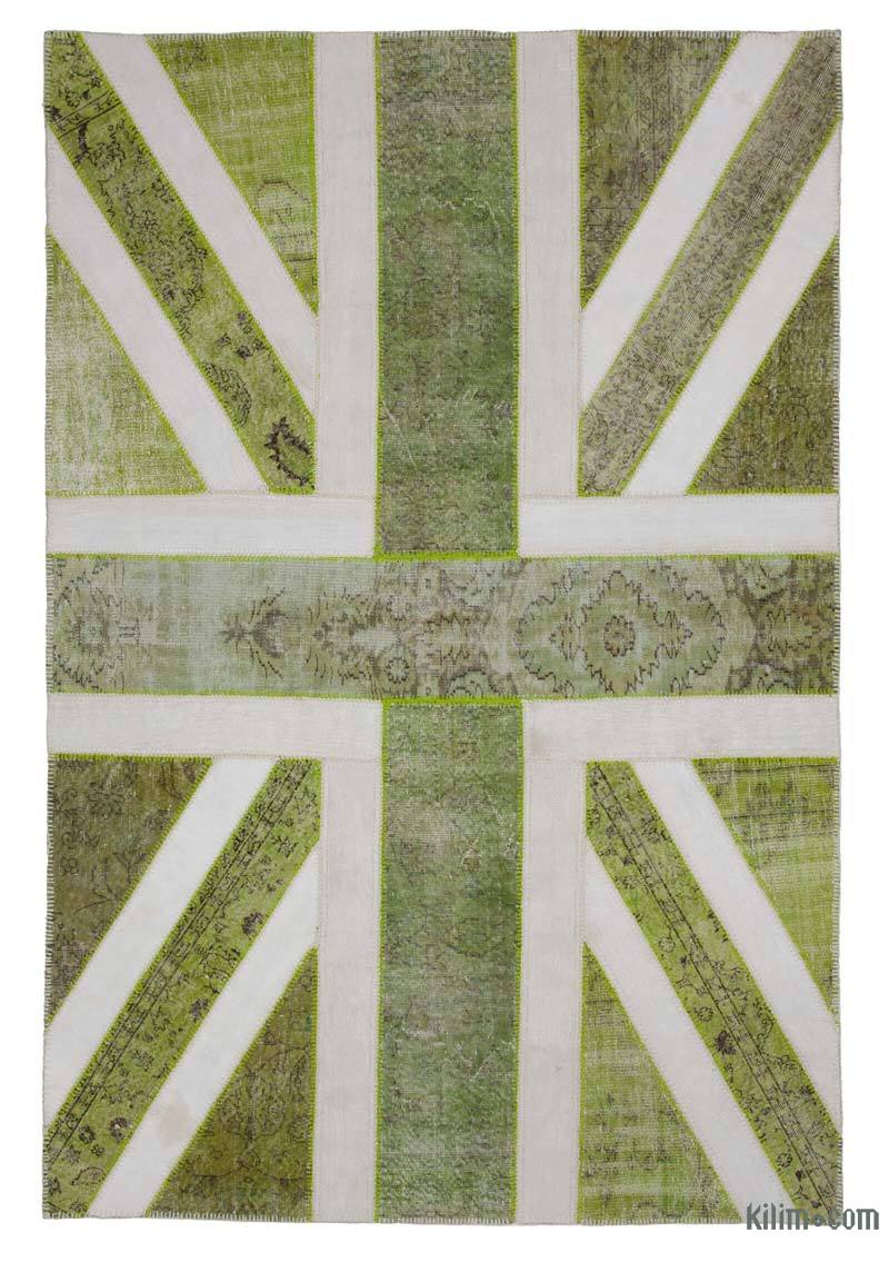 Green Patchwork Hand-Knotted Turkish Rug - 6' 7" x 9' 10" (79 in. x 118 in.) - K0038516