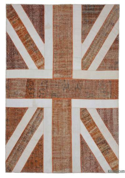 橙色拼布手工打结的土耳其地毯-6'8“ x 9'11”（80英寸x 119英寸）