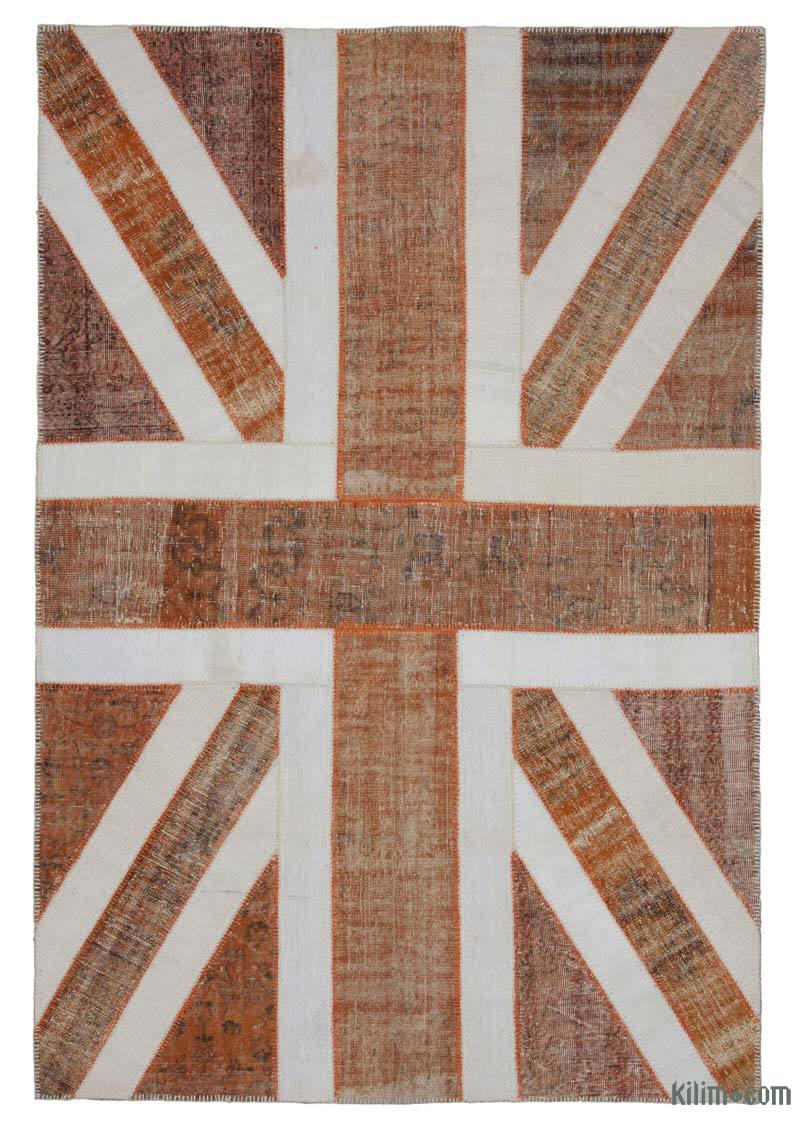 Turuncu İngiltere Bayraklı Patchwork Halı - 202 cm x 302 cm - K0038520