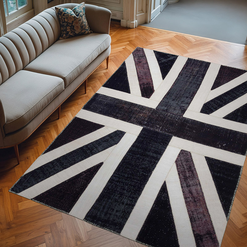 Siyah İngiltere Bayraklı Patchwork Halı - 203 cm x 300 cm - K0038523