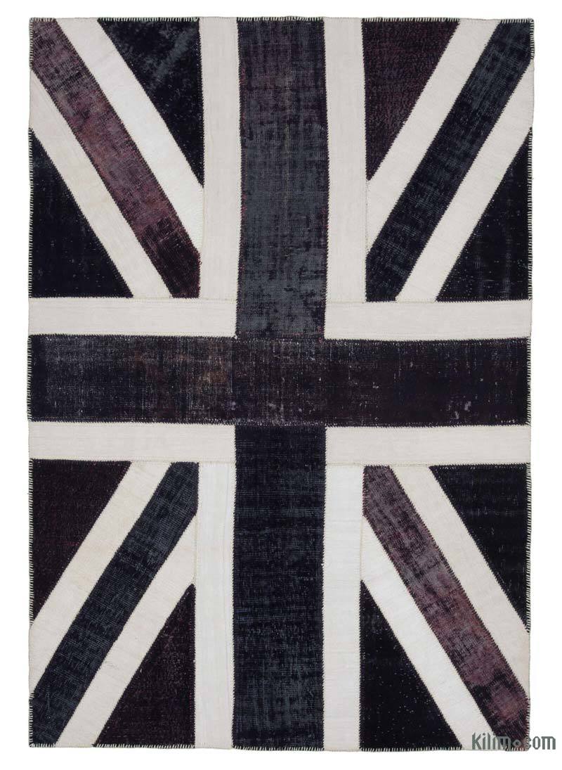 Siyah İngiltere Bayraklı Patchwork Halı - 203 cm x 300 cm - K0038523