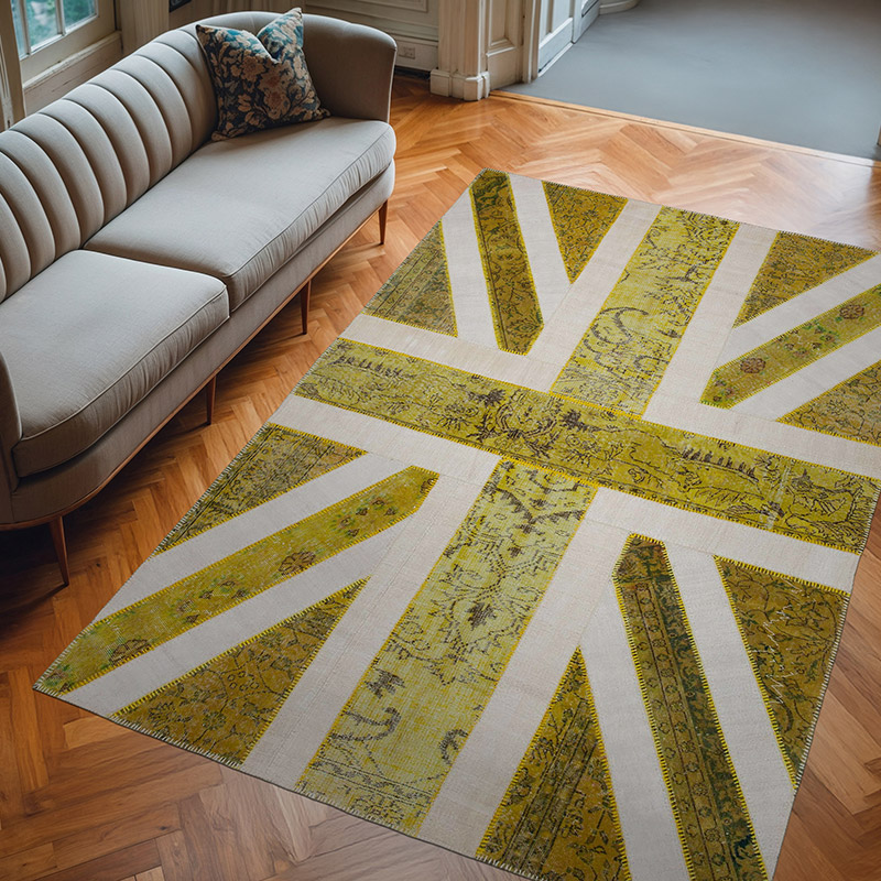 Sarı İngiltere Bayraklı Patchwork Halı - 200 cm x 304 cm - K0038524