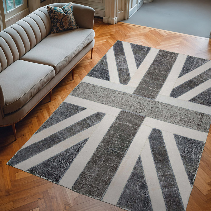 Gris Patchwork Británica Flag Rug - 200 cm x 302 cm - K0038526