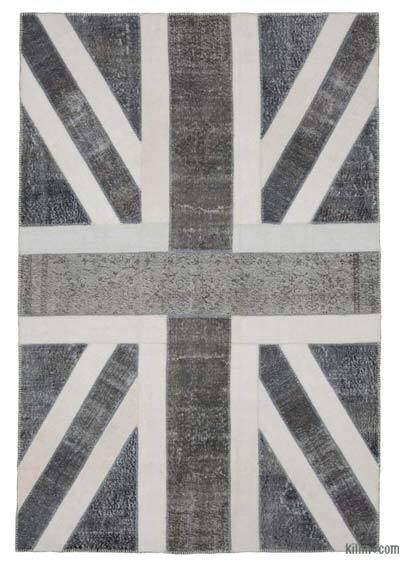 Grey Patchwork Hand-Knotted Turkish Rug - 6' 7" x 9' 11" (79 in. x 119 in.)