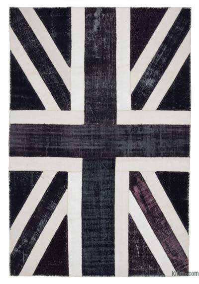 Siyah İngiltere Bayraklı Patchwork Halı - 203 cm x 300 cm