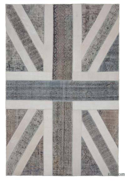 灰色拼布手工打结的土耳其地毯-6'7“ x 10'（79英寸x 120英寸）