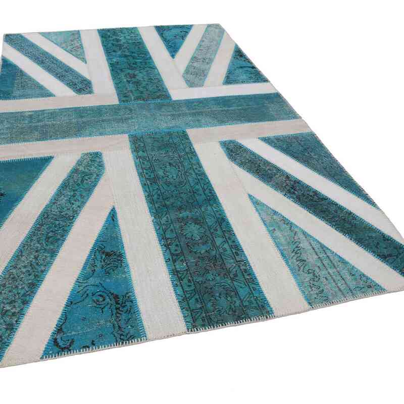 Aqua Patchwork Hand-Knotted Turkish Rug - 6' 3" x 9' 11" (75" x 119") - K0038530
