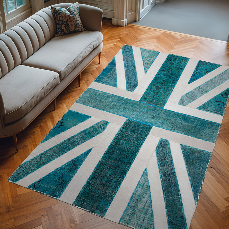 Aqua Patchwork Hand-Knotted Turkish Rug - 6' 3" x 9' 11" (75" x 119") - K0038530
