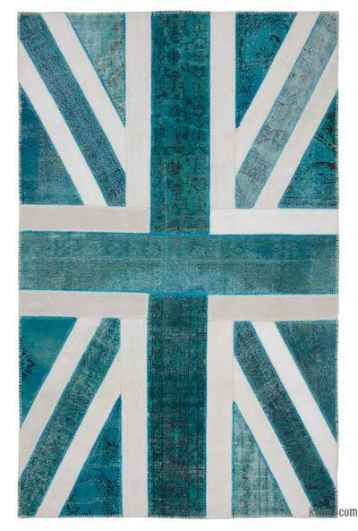 Aqua Patchwork Hand-Knotted Turkish Rug - 6' 3" x 9' 11" (75 in. x 119 in.)