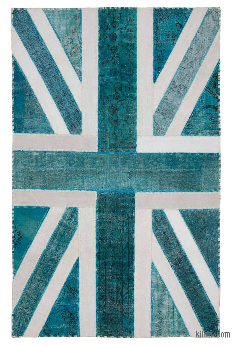 Mavi-Yeşil İngiltere Bayraklı Patchwork Halı - 191 cm x 303 cm - K0038530