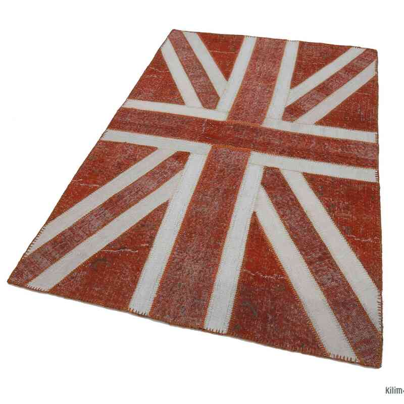 Turuncu İngiltere Bayraklı Patchwork Halı - 140 cm x 215 cm - K0038546