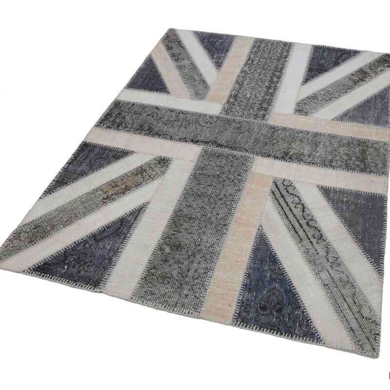 Grey Patchwork Hand-Knotted Turkish Rug - 4' 8" x 6' 5" (56 in. x 77 in.) - K0038548
