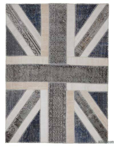 Gri İngiltere Bayraklı Patchwork Halı - 143 cm x 195 cm