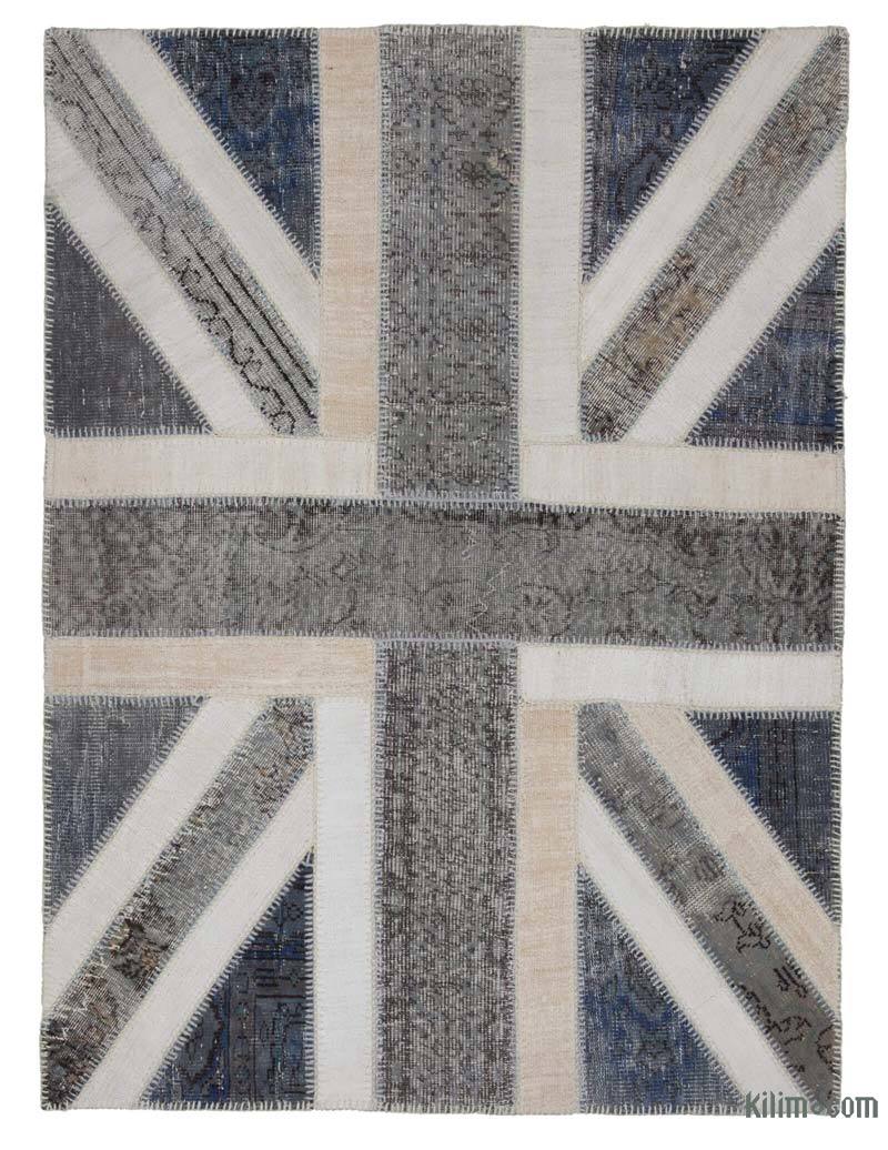 Gri İngiltere Bayraklı Patchwork Halı - 143 cm x 195 cm - K0038548