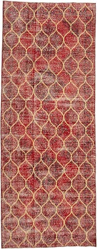 Kırmızı İşlemeli ve Boyalı El Dokuma Vintage Halı - 143 cm x 377 cm