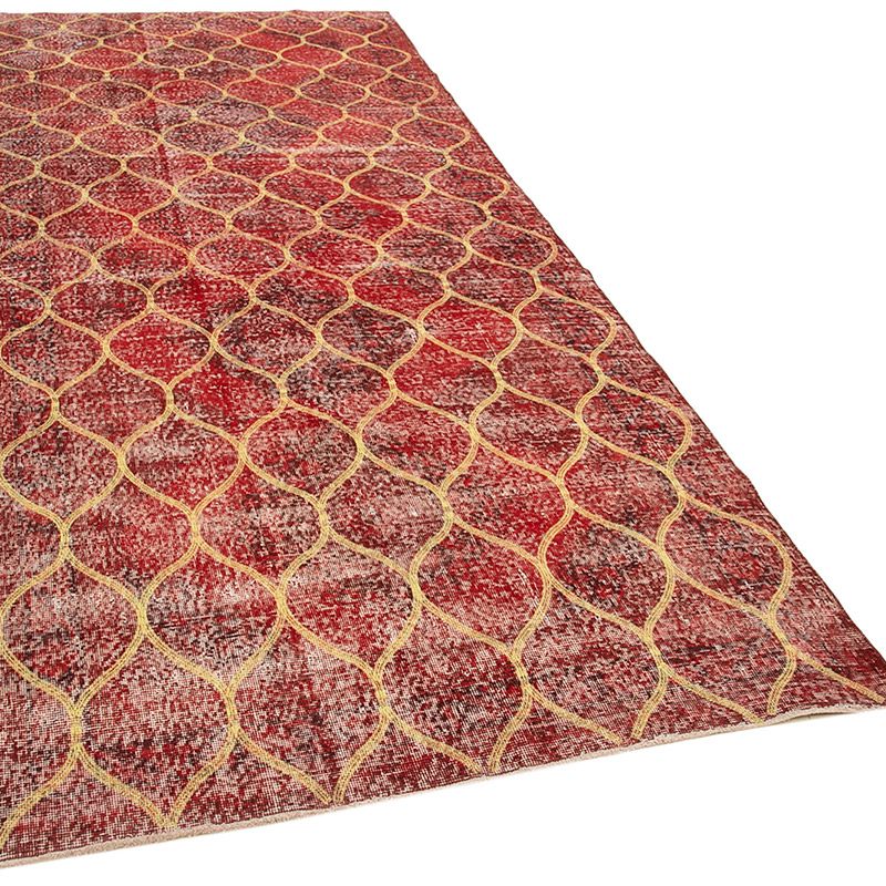 Rojo Alfombra Turca bordada sobre teñida vintage - 143 cm x 377 cm - K0038575