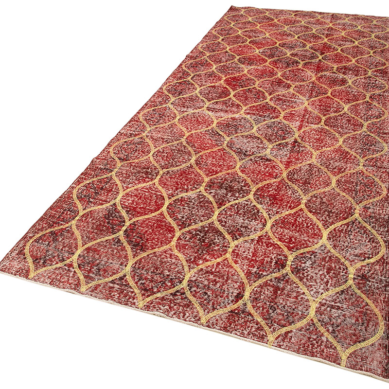 Rojo Alfombra Turca bordada sobre teñida vintage - 143 cm x 377 cm - K0038575