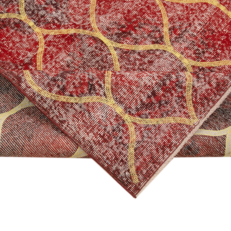 Rojo Alfombra Turca bordada sobre teñida vintage - 143 cm x 377 cm - K0038575