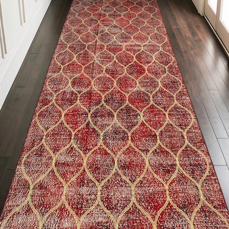 Rojo Alfombra Turca bordada sobre teñida vintage - 143 cm x 377 cm - K0038575
