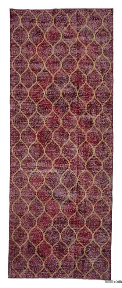 Kırmızı İşlemeli ve Boyalı El Dokuma Vintage Halı - 143 cm x 377 cm