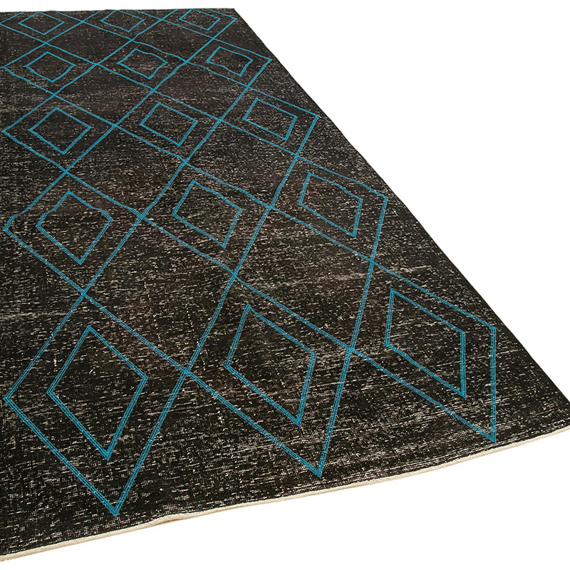 Negro Alfombra Turca bordada sobre teñida vintage - 147 cm x 388 cm - K0038576