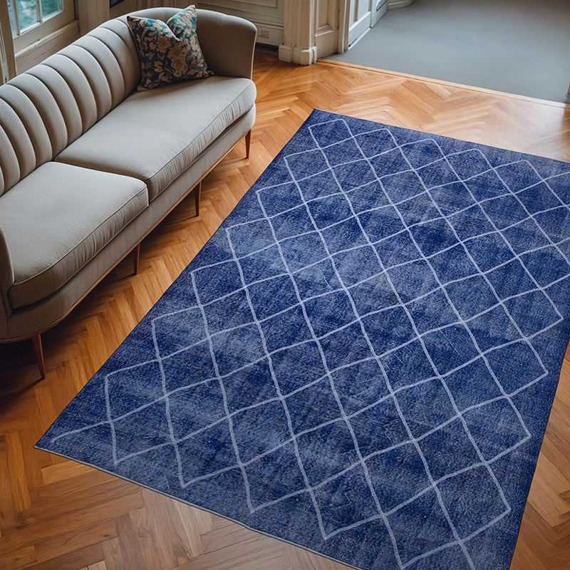Blue Embroidered Over-dyed Turkish Vintage Rug - 7'  x 10' 4" (84" x 124") - K0038595