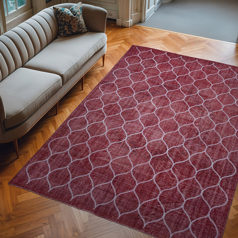 Red Embroidered Over-dyed Turkish Vintage Rug - 7' 5" x 10' 2" (89" x 122") - K0038599