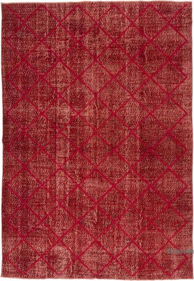 Kırmızı İşlemeli ve Boyalı El Dokuma Vintage Halı - 212 cm x 307 cm