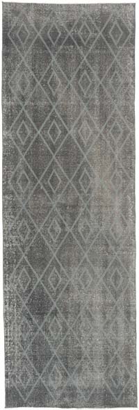 Gri İşlemeli ve Boyalı El Dokuma Vintage Halı - 107 cm x 328 cm