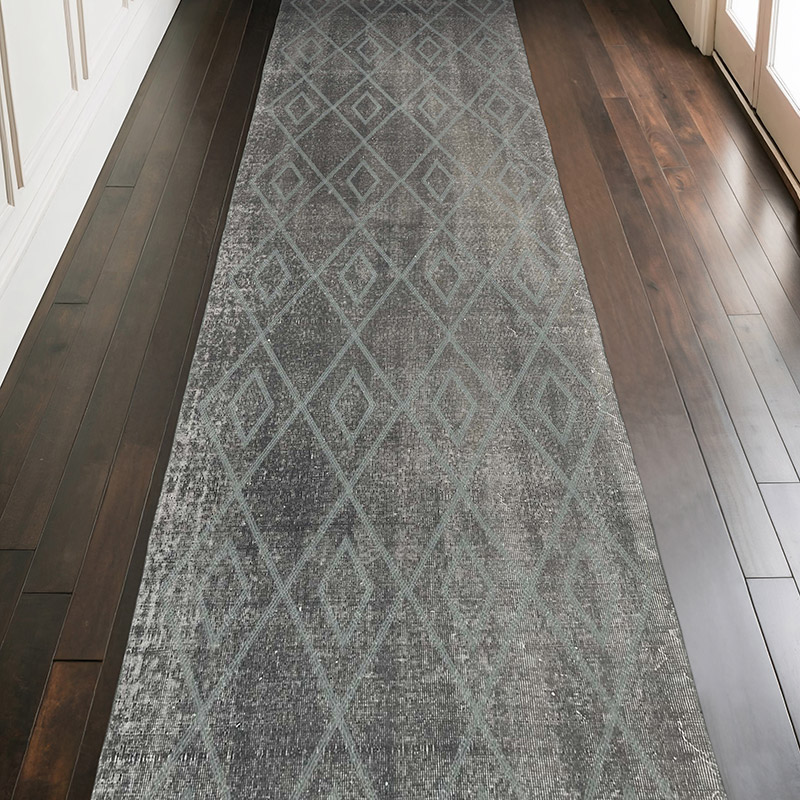 Gri İşlemeli ve Boyalı El Dokuma Vintage Halı - 107 cm x 328 cm - K0038604