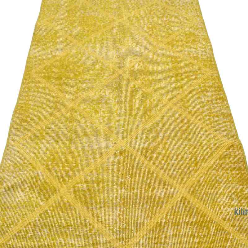 Sarı İşlemeli ve Boyalı El Dokuma Vintage Halı - 85 cm x 293 cm - K0038605