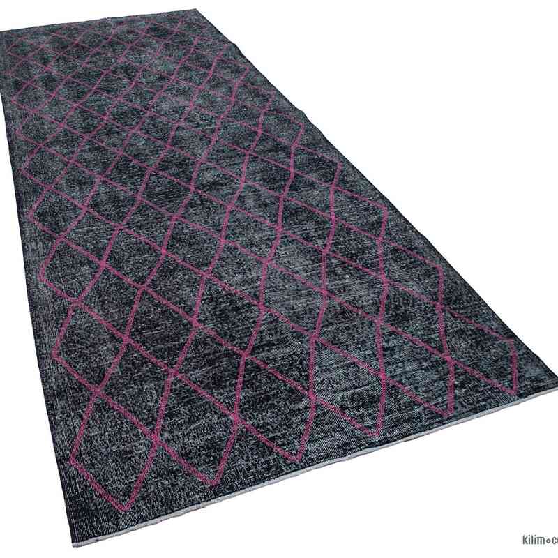 Black Embroidered Over-dyed Turkish Vintage Runner - 4' 9" x 12' 7" (57 in. x 151 in.) - K0038610
