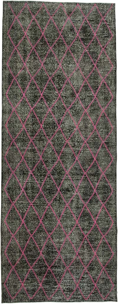 Siyah İşlemeli ve Boyalı El Dokuma Vintage Halı - 145 cm x 384 cm