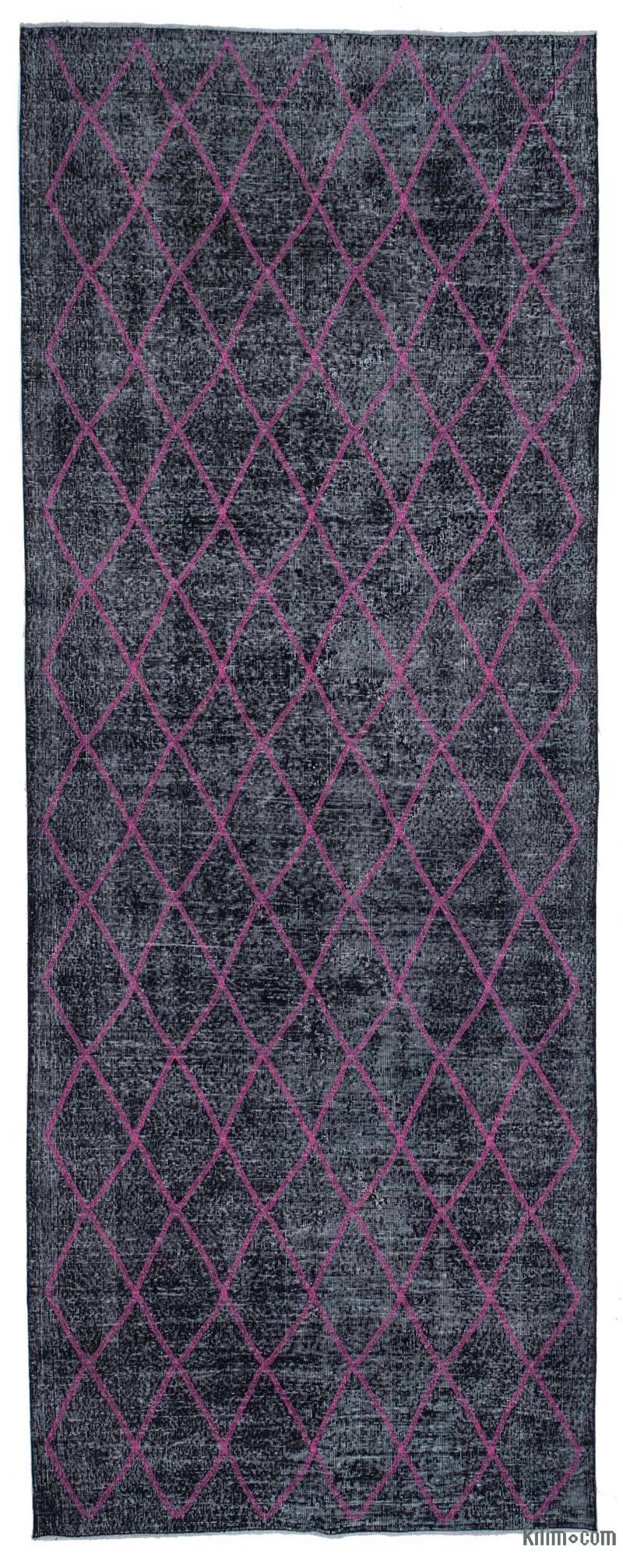 Black Embroidered Over-dyed Turkish Vintage Runner - 4' 9" x 12' 7" (57 in. x 151 in.) - K0038610