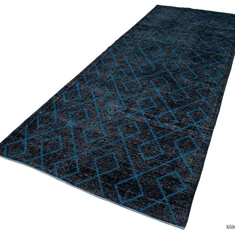 Black Embroidered Over-dyed Turkish Vintage Runner - 4' 10" x 13' 1" (58 in. x 157 in.) - K0038611