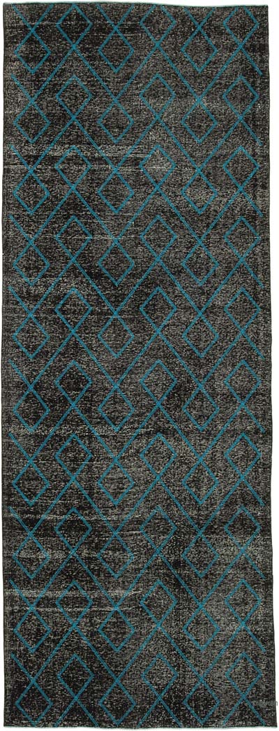 Siyah İşlemeli ve Boyalı El Dokuma Vintage Halı - 147 cm x 400 cm
