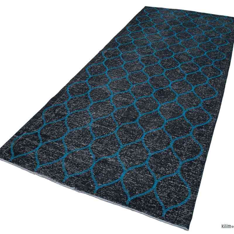 Black Embroidered Over-dyed Turkish Vintage Runner - 4' 10" x 11' 11" (58 in. x 143 in.) - K0038612