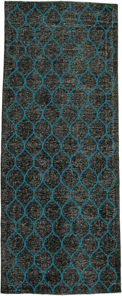 Siyah İşlemeli ve Boyalı El Dokuma Vintage Halı - 148 cm x 364 cm
