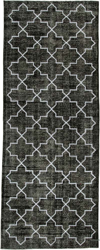 Siyah İşlemeli ve Boyalı El Dokuma Vintage Halı - 143 cm x 370 cm