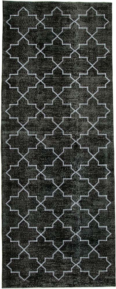 Siyah İşlemeli ve Boyalı El Dokuma Vintage Halı - 146 cm x 376 cm