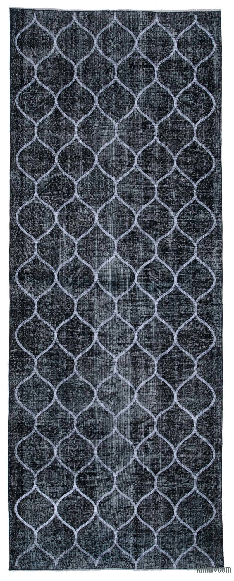 Black Embroidered Over-dyed Turkish Vintage Runner - 4' 9" x 12' 8" (57 in. x 152 in.) - K0038615