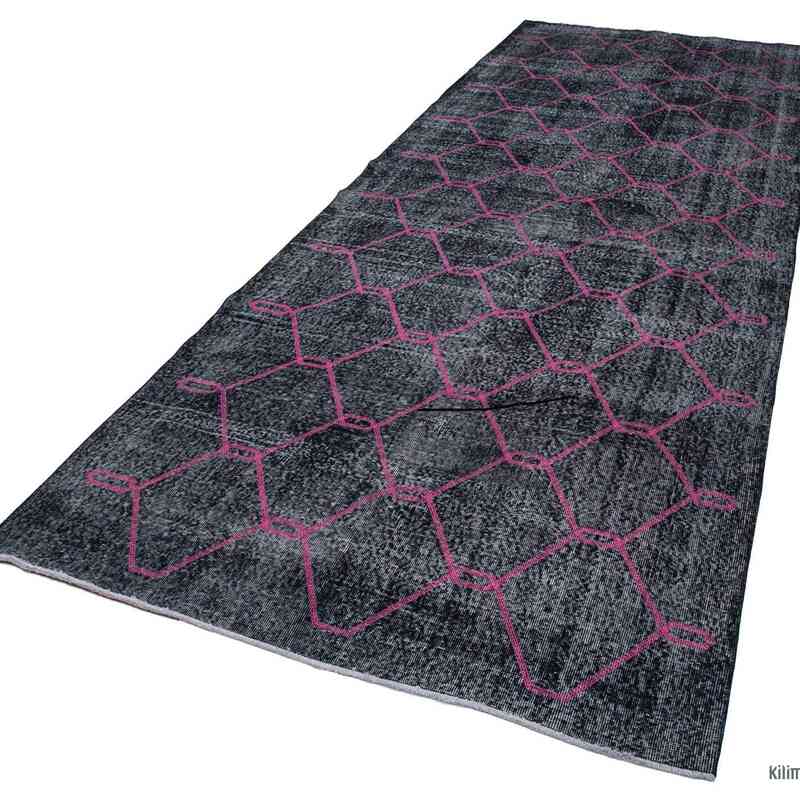 Black Embroidered Over-dyed Turkish Vintage Runner - 5' 1" x 13' 9" (61 in. x 165 in.) - K0038616