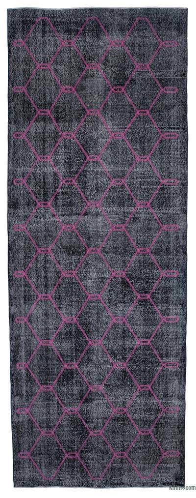 Black Embroidered Over-dyed Turkish Vintage Runner - 5' 1" x 13' 9" (61 in. x 165 in.)